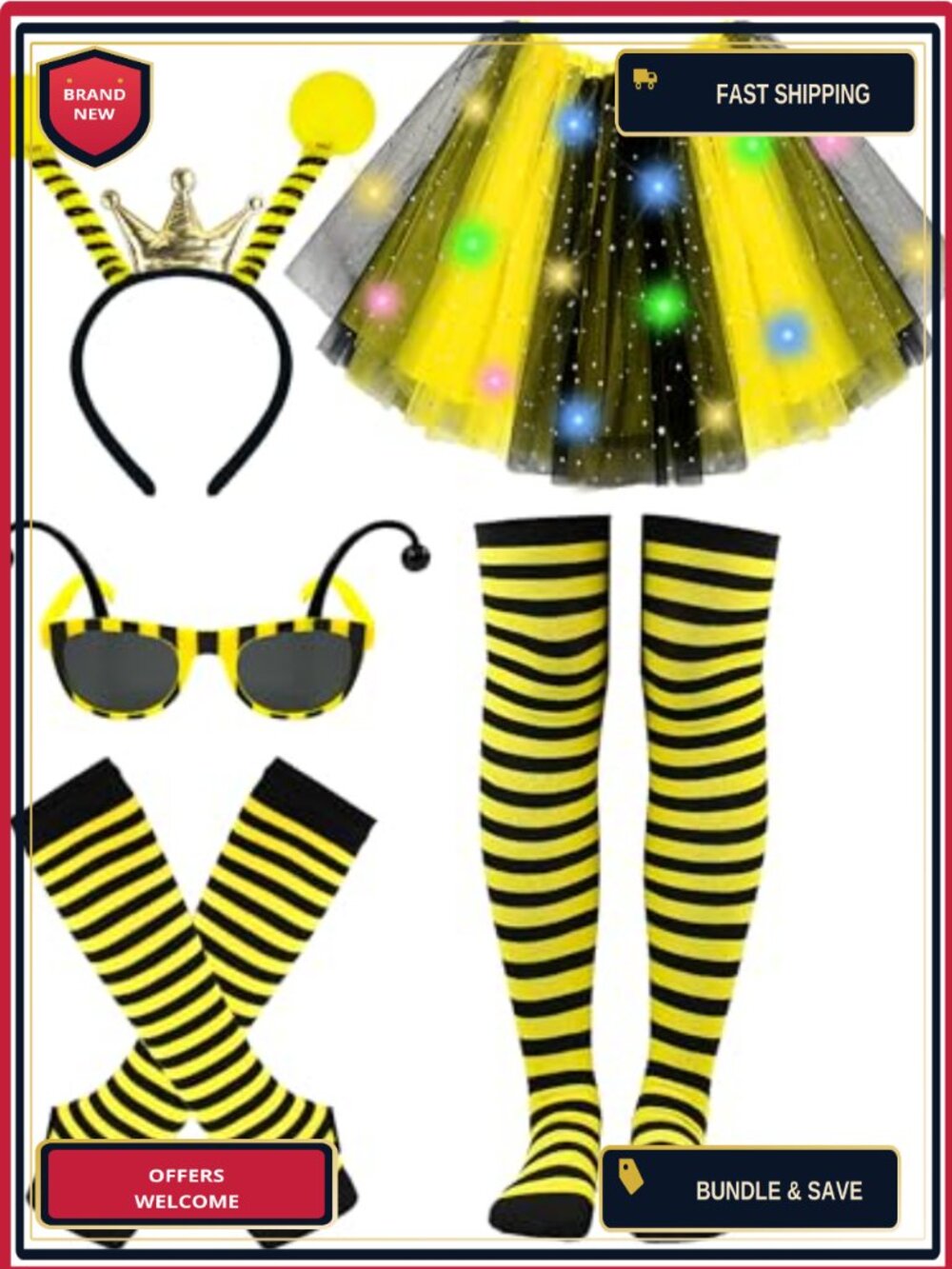 LED Light Up Bee Costume Set Tutu Skirt Antenna Headband Adult Halloween